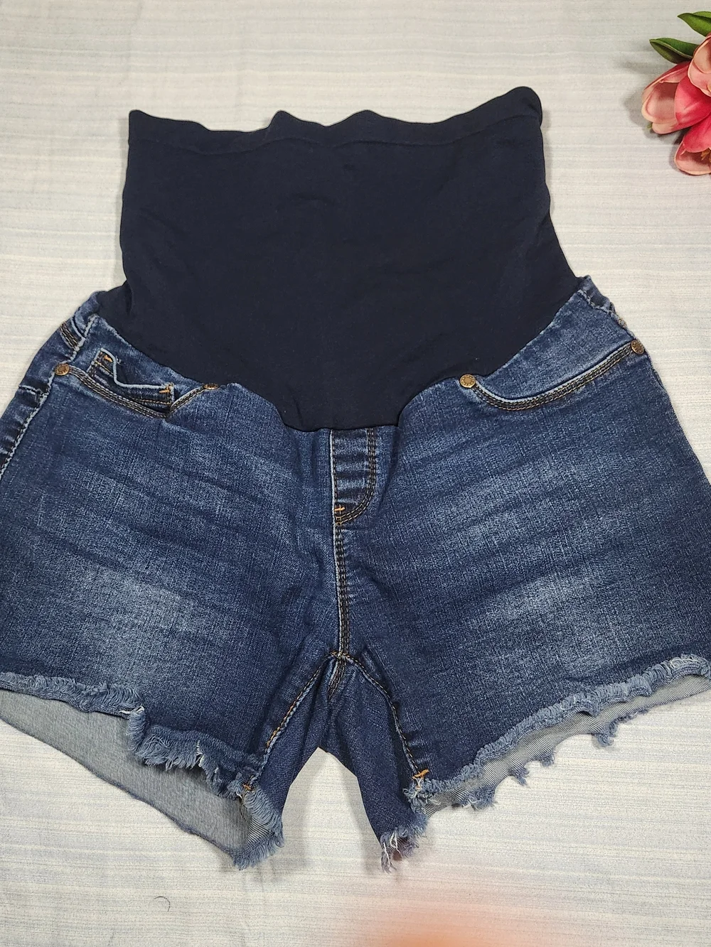 Haute Mama Maternity Full Pane Denim Shorts - Distressed. Dark Wash - Size M